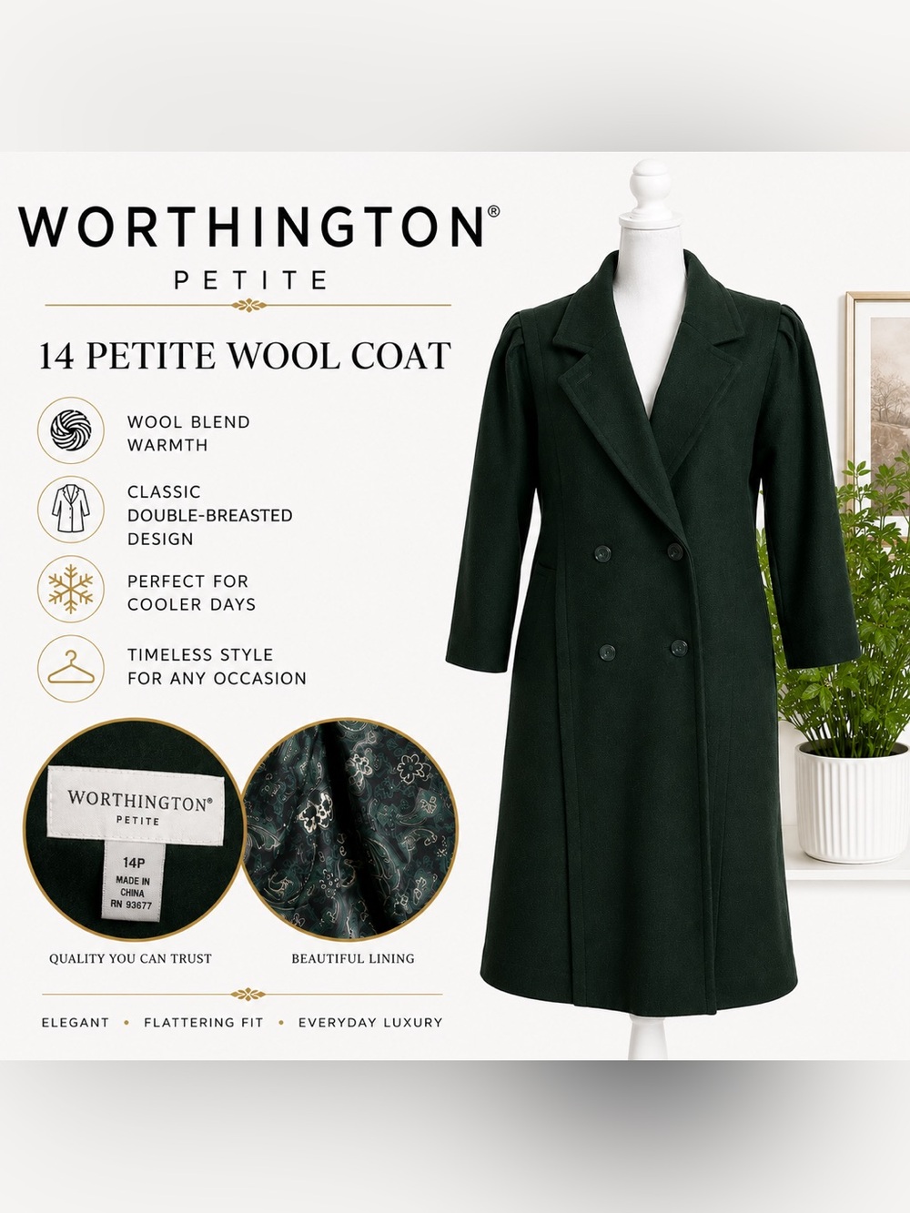 Worthington Petite Essentials Wool Blend Double Breasted Coat 14P Green